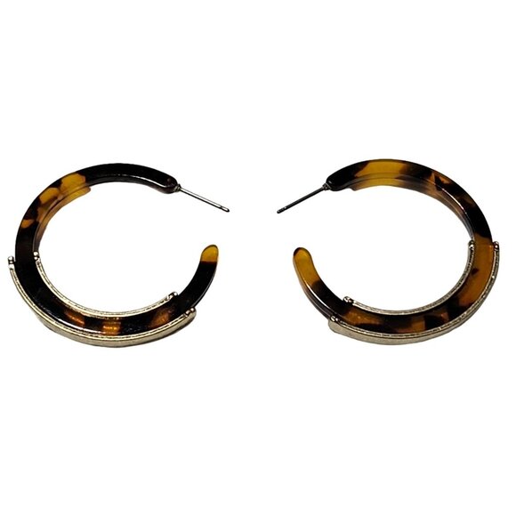 Vintage Tortoise Shell Gold Tone Hoop Earrings Retro Minimalist Fashion Jewelry - Picture 1 of 3